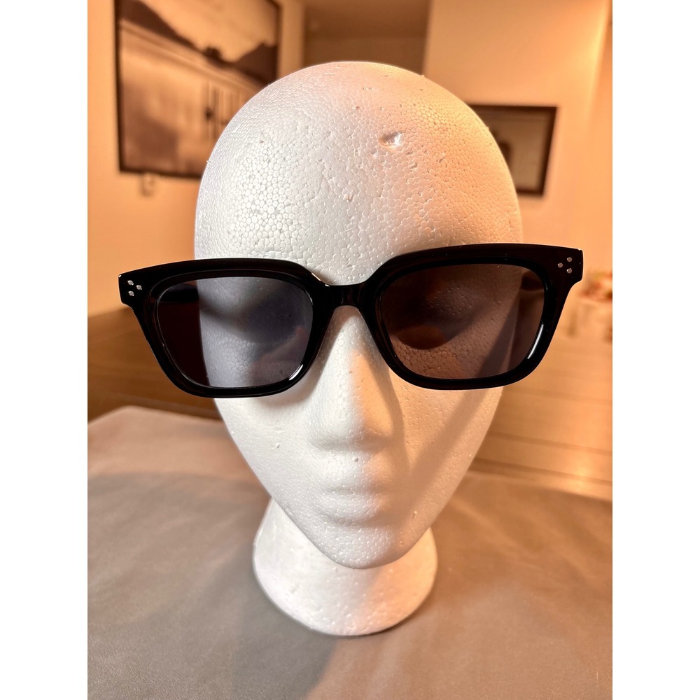 Womens Black Rectangular Sunglasses Gold Link Detail Acetate Frames Dark Tint